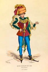 Portret en kostuum van een jonge elegante in Parijs in 1480, gravure - privécollectie