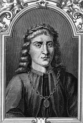 Portret van Andrea Mantegna (1431-1506) Italiaanse schilder. Gravure van 1859 in "de galerijen van Europa - Italië" door Armandaud. Privécollectie.