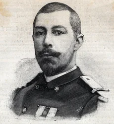 Portret van Antoine Mizon (1853-1899) Franse ontdekkingsreiziger in Afrika. Gravure in "Le Petit Parisien"