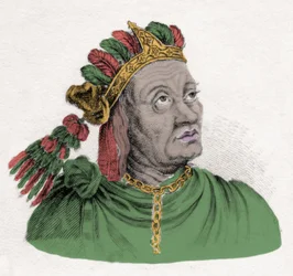 Portret van Atahualpa (1502-1533), laatste keizer van het Inca-rijk. Gravure uit de 19e eeuw. Milanese