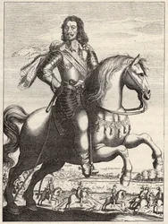Portret van Bernard van Saksen-Weimar (Saksen-Weimar) (1604-1639) met de voorstelling van de gevangenneming van John of Werth door hertog Bernard en hertog van Rohan. Gravure uit de 17e eeuw. Privécollectie