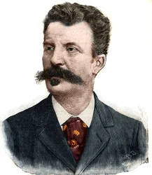 Portret van Guy de Maupassant (1850-1893), Frans schrijver. Gravure in «Le Petit Parisien»