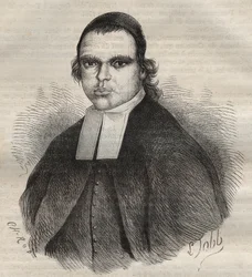 Portret van Louis Bonafous, in de religie broeder Léotade, beschuldigd van verkrachting en moord. Hij stierf in de strafkolonie van Toulon op 27 jan. 1850. Gravure in „Histoire des bagnes depuis leur création à nos jours“ (1877) door Pierre Zaccone