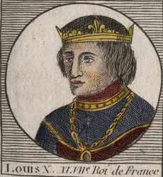 Portret van Lodewijk X le Hutin (1289 - 1316), Koning van Frankrijk - Lodewijk X (1289-1316) de Koppige, Koning van Frankrijk en Navarra - gravure uit 