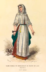 Portret van een adellijke dame in ochtendkleding in 1676 (gravure) - privécollectie