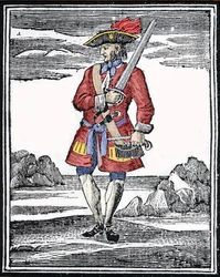 Portret van de piraat Jack Rackham, ook wel bekend als Calico Jack. Gravure.
