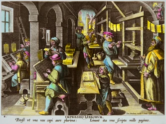 Drukkers en typografische druk met armdrukpers rond 1600 door Jan Van Der Straet (Giovanni Stradano of Johannes Stradanus), privécollectie