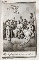 Psyche gepresenteerd aan het Hemelse Hof. Gravure uit 1819 in "Lettres à Emilie sur la mythologie" door Charles Albert Demoustier (1760-1801). Privécollectie.
