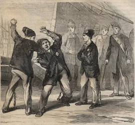 Pugilat scène in de bagne van Toulon in de 19e eeuw. Gravure in “Histoire des bagnes depuis leur création à nos jours” (1877). Privécollectie