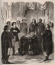 Ontvangst van een Illuminatus (geheime samenleving) - Illuminines de Bavière (der Illuminatenorden) - Gravure uit 1879 in Histoire des societes secretes, politiques et religieuses door Pierre Zaccone (1817-1895)