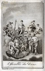 Voorstelling van de Vergadering van de Goden op de berg Olympus of Twaalf Olympiërs. Gravure uit 1819 in "Lettres à Emilie sur la mythologie" door Charles Albert Demoustier (1760-1801). Privécollectie.