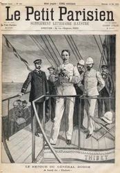 Terugkeer van generaal Alfred Dodds (1842-1922) van de Dahomey-expeditie aan boord van de Thibet. Een van de kranten 