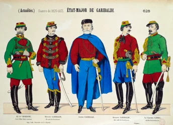 Risorgimento: Generale Staf van Giuseppe Garibaldi (1807-1882). De helden van de Italiaanse eenheid worden afgebeeld, omringd door zijn twee zonen Menotti en Riciotti, door generaal Bordone en kolonel Canzio