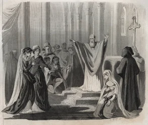 Saint Dunstan (ca. 909-988), bisschop van Canterbury, benedictijn en hervormer van het kloosterleven in Engeland, kondigt zijn naderende dood aan het volk aan. Gravure uit 1846 in “Lives of the saints”. Privécollectie.