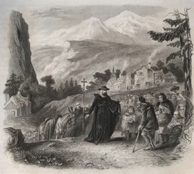 Sint Franciscus van Sales (1567-1622), bisschop van Genève op een pastorale bezoek. Gravure uit 1846 in 