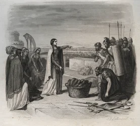 Sint Genoveva verdeelde voedsel aan de mensen tijdens het beleg van Parijs door het leger van de Hunnen van Attila in 451 (barbaarse invasies). Gravure uit 1846 in 