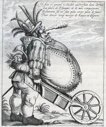 Satire tegen Matthias Gallas (1584-1647) generaal van het keizerlijke leger tijdens de Dertigjarige Oorlog, na zijn pensionering in 1636. Gravure uit de 17e eeuw. Privécollectie.
