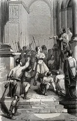 Saturnin van Toulouse (Saint Sernin, eerste christelijke bisschop van Toulouse) (3e eeuw) gearresteerd op het Capitool van Toulouse - Gravure van 1846 in 