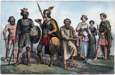 Saksische krijger en Angelsaksen - Saksische krijger en de Angelsaksen - gravure uit "Usi e Costumi di Tutti i Popoli dell