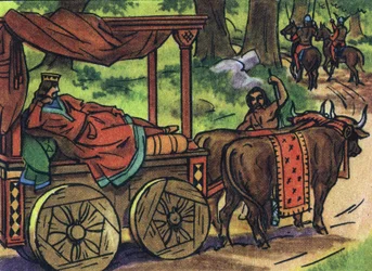 Scène die de luie koningen uitbeeldt: koning van Frankrijk Thierry III (673-691) rijdt in een tank met een bed getrokken door ossen. Anonieme illustratie in “Collection des souverains et chefs d