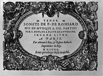 Tweede deel van de sonnetten van de Franse dichter Pierre de Ronsard (1524-1585) op muziek gezet door Guillaume Boni. Parijs 1579