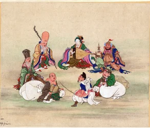 Sept Divinites du Bonheur - Zeven Gelukkige Goden door Anoniem, ca 1878 - Aquarel en inkt op papier, 25x17,8 - Privécollectie