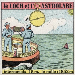 Schepen en schepen: het logboek en de astrolabium, navigatie-instrumenten. Anonieme illustratie uit 1925. Privécollectie.