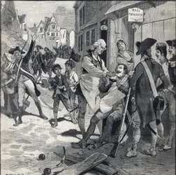 Belegering van Lille in 1792: Maes gebruikt een bomschilfer als baardschotel om een klant te scheren. Gravure in Le petit parisien op 16/10/1892