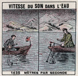 Geluidsenergie: geluidssnelheid in water. Experiment van 1826-1827 door Jean Daniel (Jean-Daniel) Colladon (1802-1893) en Charles François Sturm (1803-1855) op het Meer van Genève (Meer van Léman). Twee boten lagen 14 km uit elkaar afgemeerd, een van de