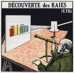 Spectrale analyse: ontdekking van stralen door Joseph von Fraunhofer in 1817. Anonieme illustratie uit 1925. Privécollectie.