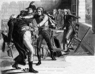 Zelfmoord van Nicolas Joseph (Nicolas-Joseph) Beaurepaire (1792) na de beslissing om Verdun terug te geven aan de Pruisen - Gravure in 