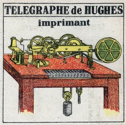 Telegraaf: elektrische telegraafprinter door David Edward Hughes (1831-1900). Anonieme illustratie uit 1925. Privécollectie.