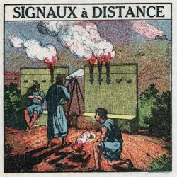Telegraaf: afstandslichtsignalen gebruikt door de Grieken van de Oudheid om te communiceren. Anonieme illustratie uit 1925. Privécollectie.