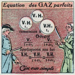 Temperatuur en uitzetting: perfecte gaswet verkregen door de wet van Louis-Joseph Gay-Lussac en de wet van Edme Mariotte. Anonieme illustratie uit 1925. Privécollectie.