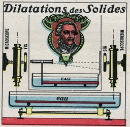 Temperatuur en uitzetting: uitzetting van vaste stoffen bestudeerd door Antoine Laurent de Lavoisier. Anonieme illustratie uit 1925. Privécollectie.