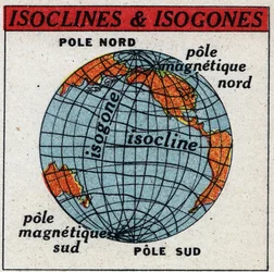 Aardmagnetisme: Magnetische kaart met isoklienen en isogonen. Anonieme illustratie uit 1925. Privécollectie.