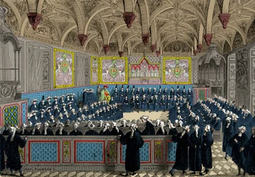 De vergadering van het Parlement in 1787 in aanwezigheid van koning Lodewijk XVI, gravure, privécollectie