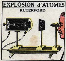 Het atoom en wetenschap: Explosie van atomen door Ernest Rutherford. Anonieme illustratie uit 1925. Privécollectie.