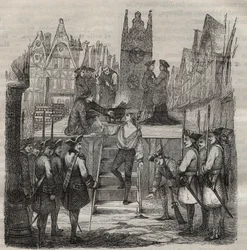 De Chevalier Francois-Jean Lefebvre de La Barre op weg naar het schavot in 1766. Gravure in 