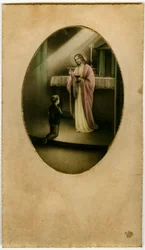 De Eucharistie, Heilige Communie, het Sacrament van het Altaar: een kind voor Jezus (gravure)