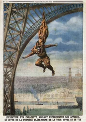 De Franse kleermaker van Oostenrijkse afkomst Franz (of François) Reichelt (1879-1912) uitvinder van een parachute die zijn toestel wil testen, springt van het eerste platform van de Eiffeltoren en komt om. Gravure in "Le Petit Journal"