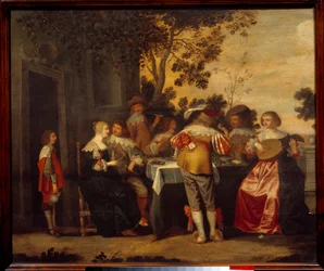 De galante scène, kaartspel met stel spelers en muzikanten