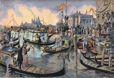 De Duitse keizer Wilhelm II van Pruisen in Venetië. Gravure uit de krant 