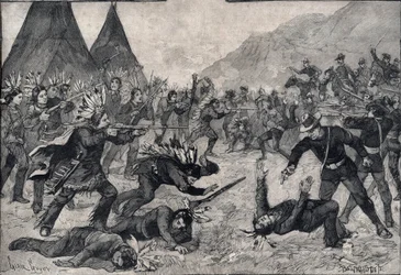 De opstand van de Indianen in de Verenigde Staten: een gevecht tussen Sioux-indianen en Amerikaanse troepen. Gravure in 