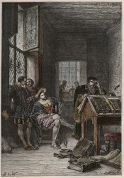 De koning van Frankrijk François I (1494-1547), beschermer van kunsten en letters, bezoekt de werkplaatsen van de drukkers Estienne, circa 1540