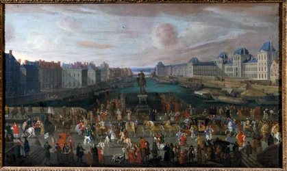 De Pont Neuf gezien vanaf de ingang van de Place Dauphine, de Quai Malaquais met het College van de Vier Naties (Institut de France) in aanbouw, de Grande Galerie en het Louvre tijdens de doortocht van een stoet. Anoniem schilderij. 1665. Afmetingen: 0,74