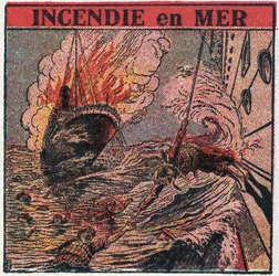 De T.S.F.: brand op zee. De T.S.F. wordt door schepen gebruikt om hulp te roepen tijdens een schipbreuk. Anonieme illustratie uit 1925. Privécollectie.