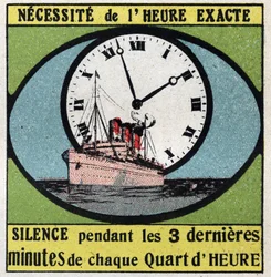 De T.S.F.: vereist de exacte tijd. Stilte voor de laatste 3 minuten van elk kwartier. Anonieme illustratie uit 1925. Privécollectie.