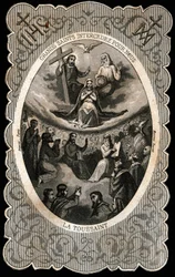 De Maagd Maria met de Heilige Drie-eenheid (God, Jezus Christus en de duif van de Heilige Geest). Dentelkaart. 19e eeuw. Privécollectie
