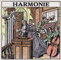 De kunst van geluiden: harmonie. Zangers en muzikanten in een kerk. Anonieme illustratie uit 1925. Privécollectie.